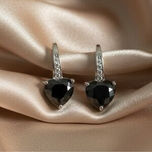 Black Heart Silver Plated CZ Drop Earrings